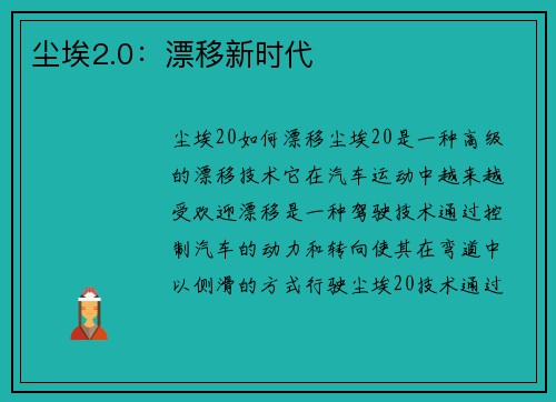 尘埃2.0：漂移新时代