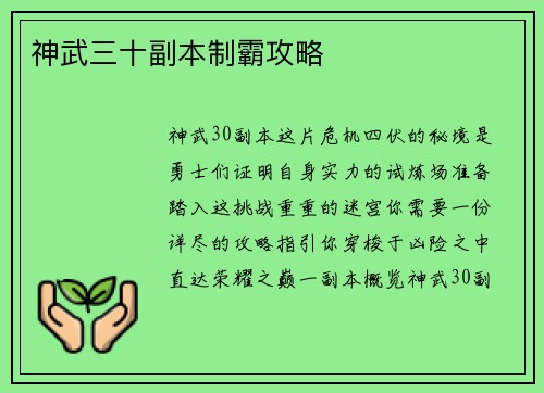 神武三十副本制霸攻略